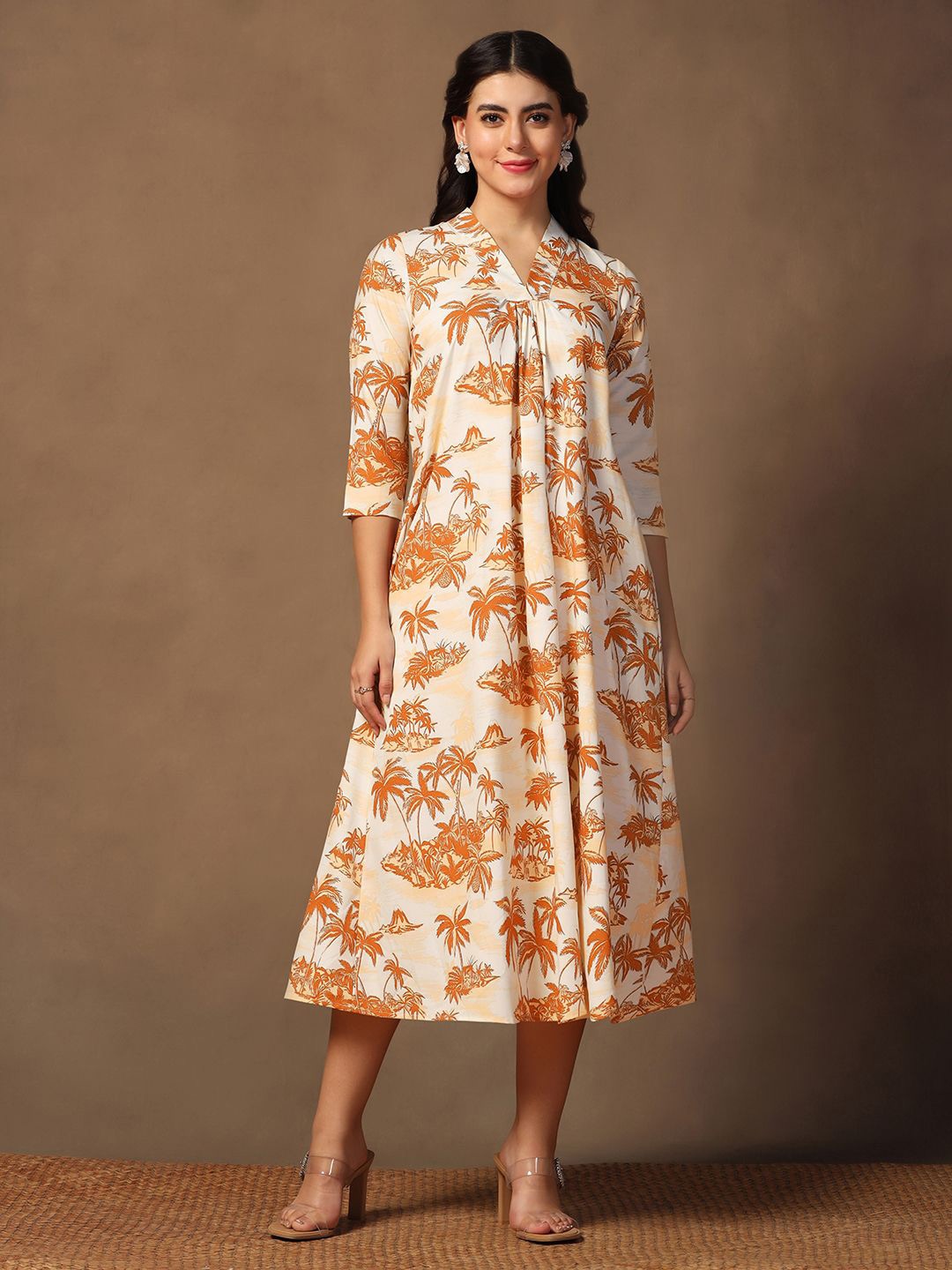 

BAESD Women Tropical Printed A-Line Midi Dress, Off white