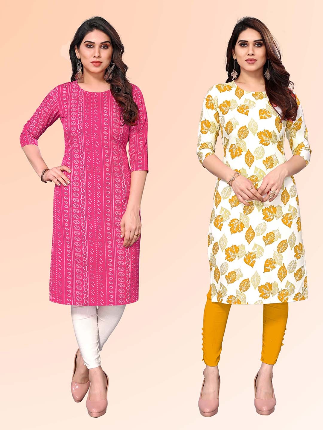 

KETAKI FASHION Selection of 2 Ethnic Motifs Printed Round Neck Straight Kurtas, Pink