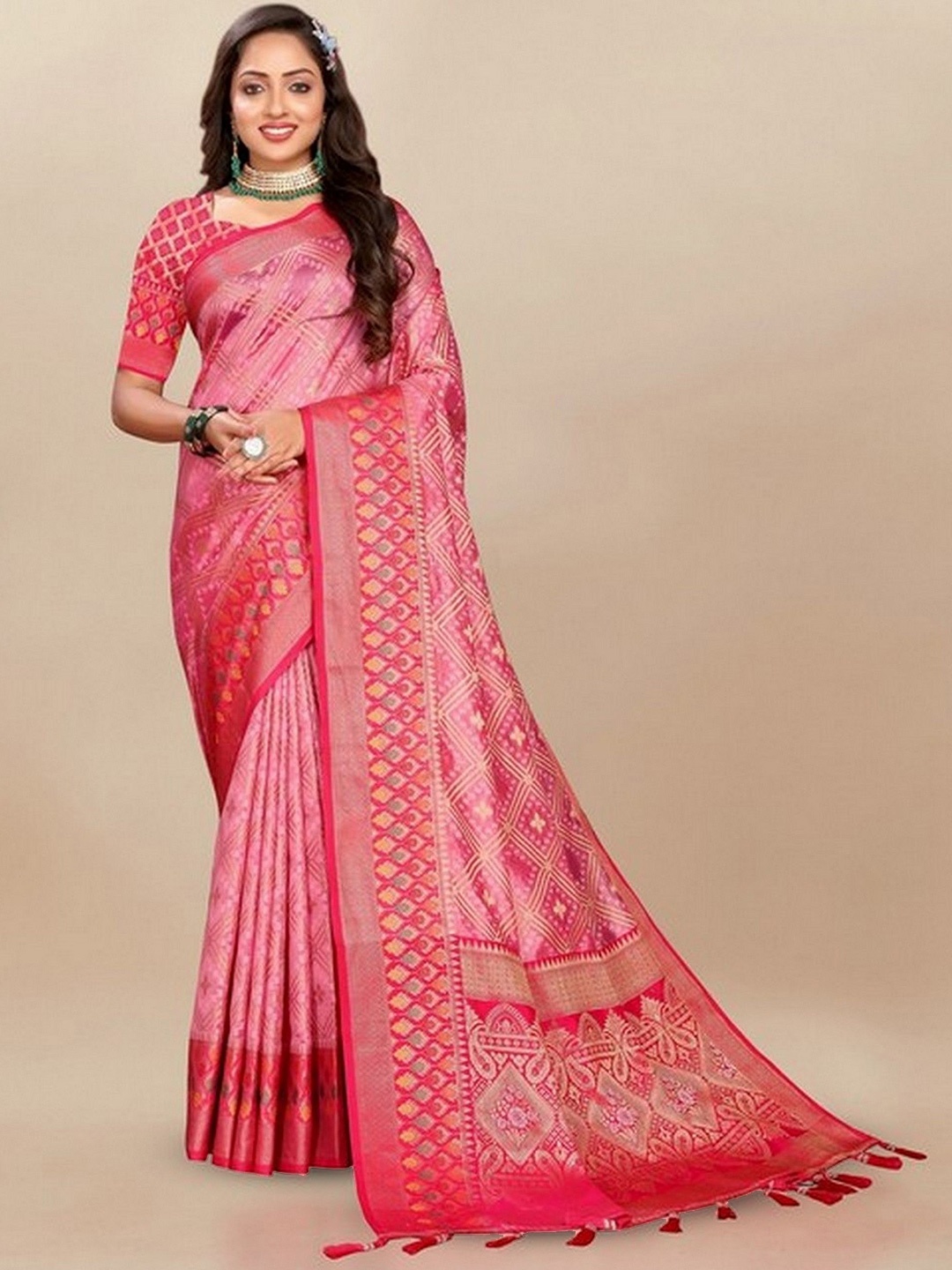 

VARNI FABRICS Ethnic Motifs Woven Design Pure Silk Banarasi Saree, Peach