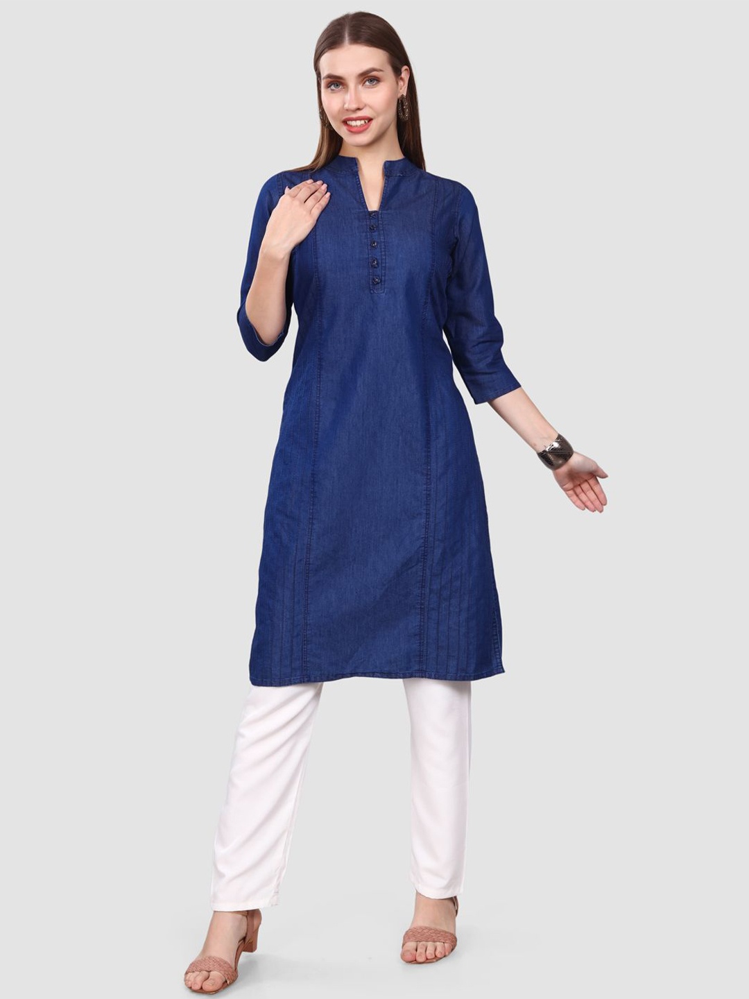 

SK Creation Mandarin Collar Denim Straight Kurta, Blue