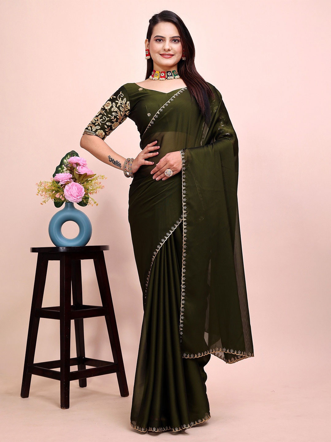 

K 5 Fashion Embroidered Pure Chiffon Saree, Green