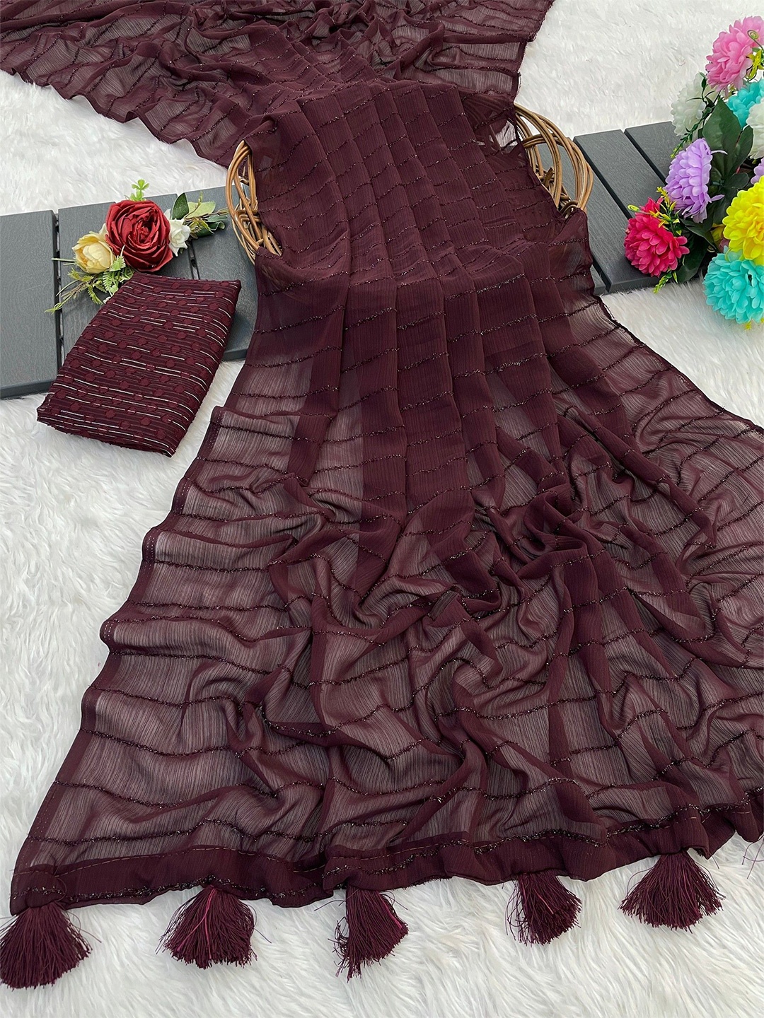 

K 5 Fashion Embroidered Pure Chiffon Saree, Brown