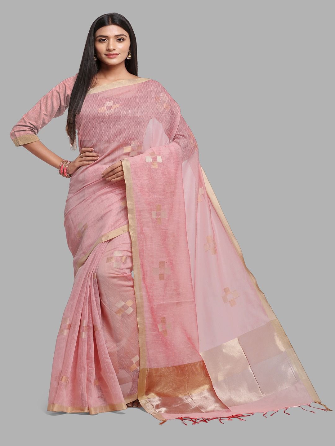 

Krimmple Ethnic Motifs Zari Pure Linen Khadi Saree, Pink