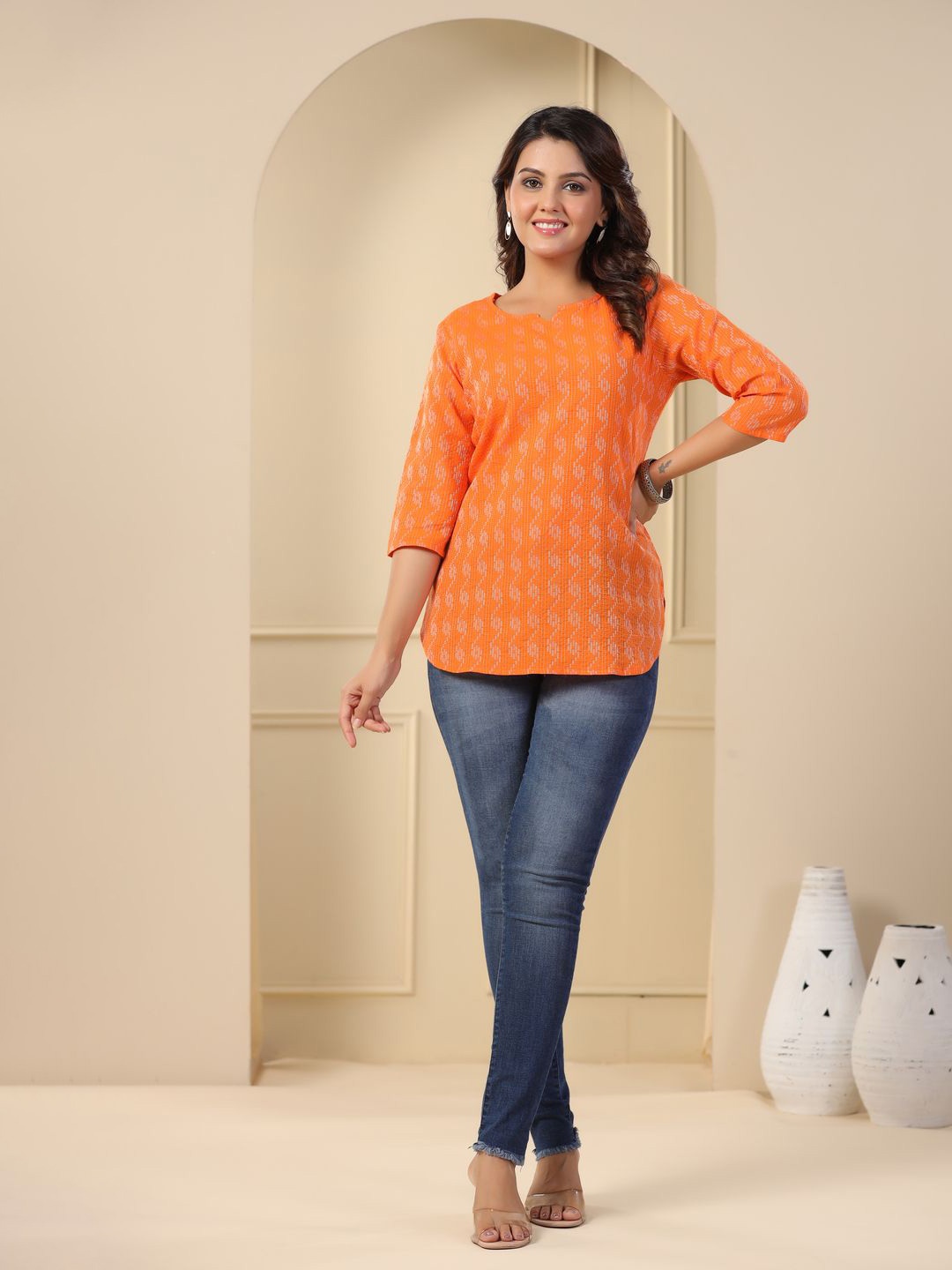 

UNIFY FASHION Women Floral Printed Cotton Top, Orange