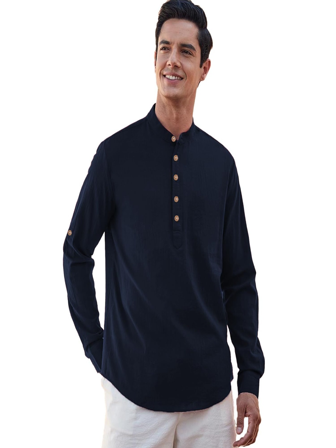 

EdinWolf Mandarin Collar Pure Cotton Straight Kurta, Navy blue