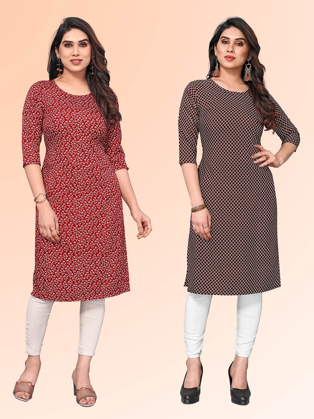 

KETAKI FASHION Selection Of 2 Floral Printed Round Neck Straight Kurtas, Maroon