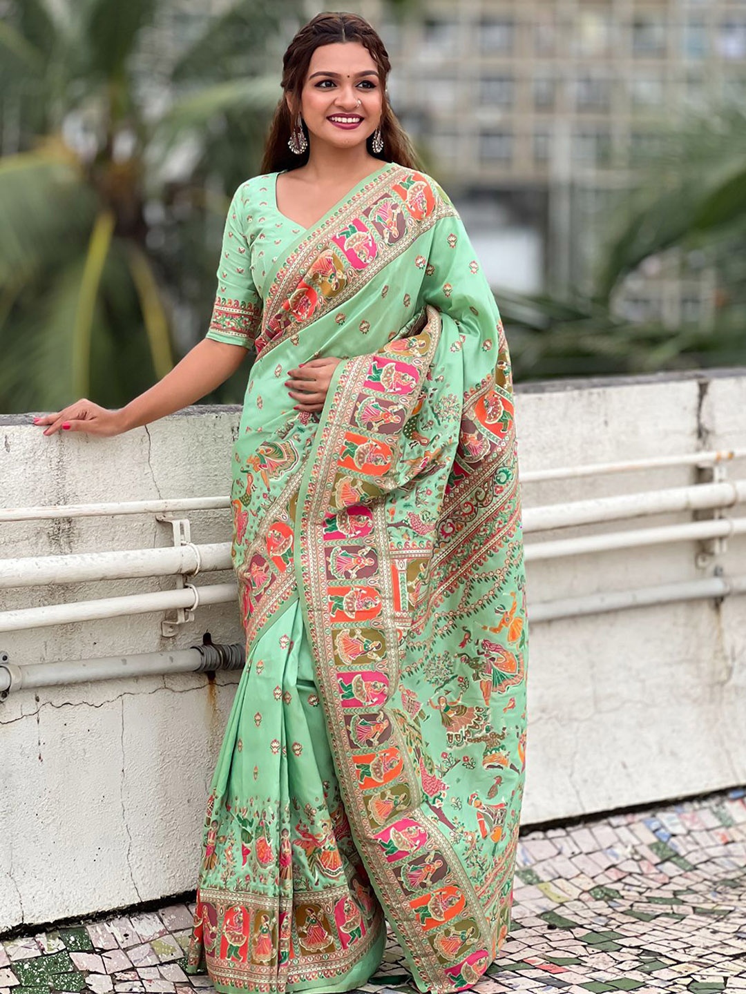 

Mitera Floral Printed Pashmina Saree, Sea green