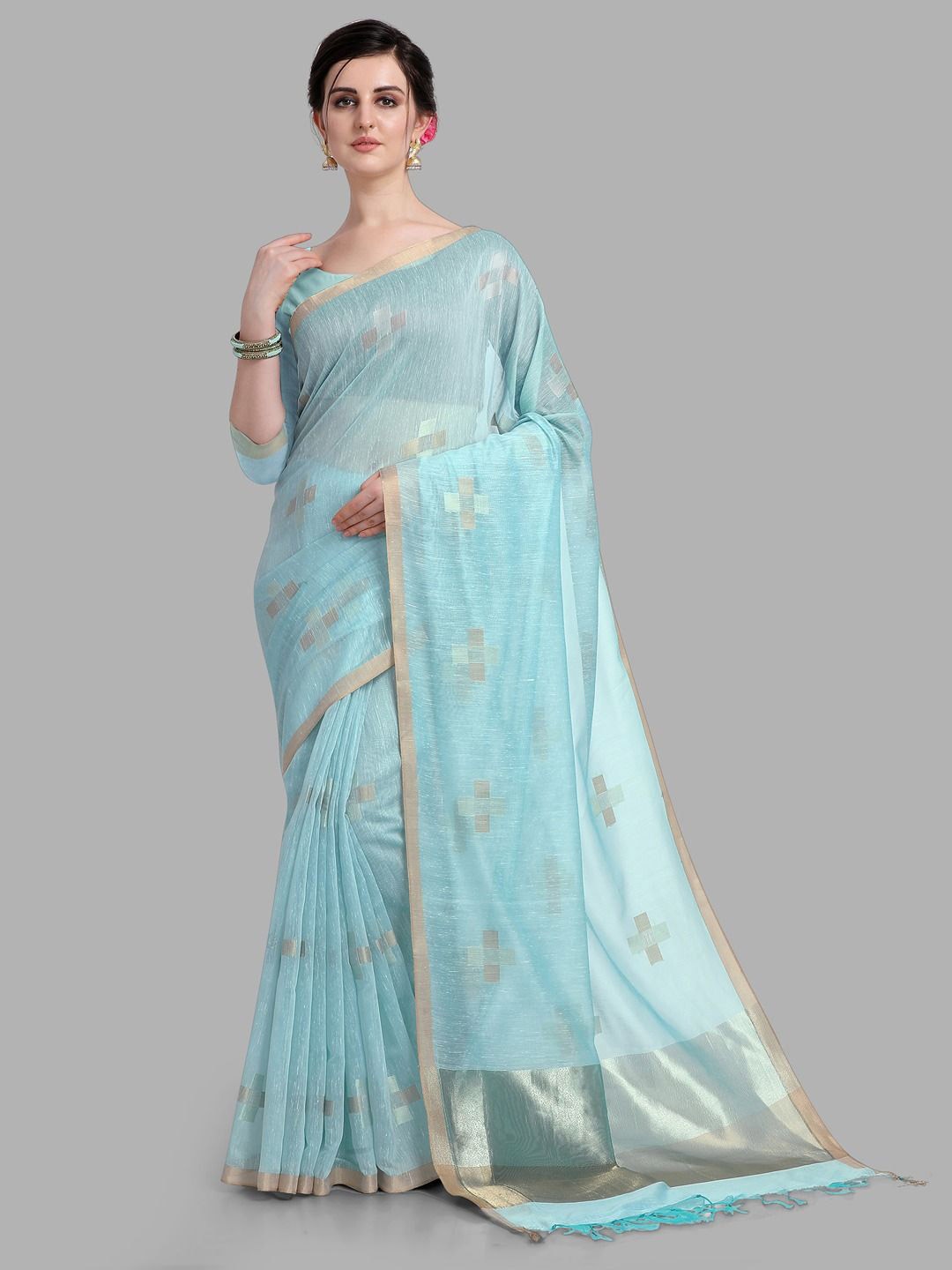 

Krimmple Ethnic Motifs Zari Pure Linen Khadi Saree, Blue