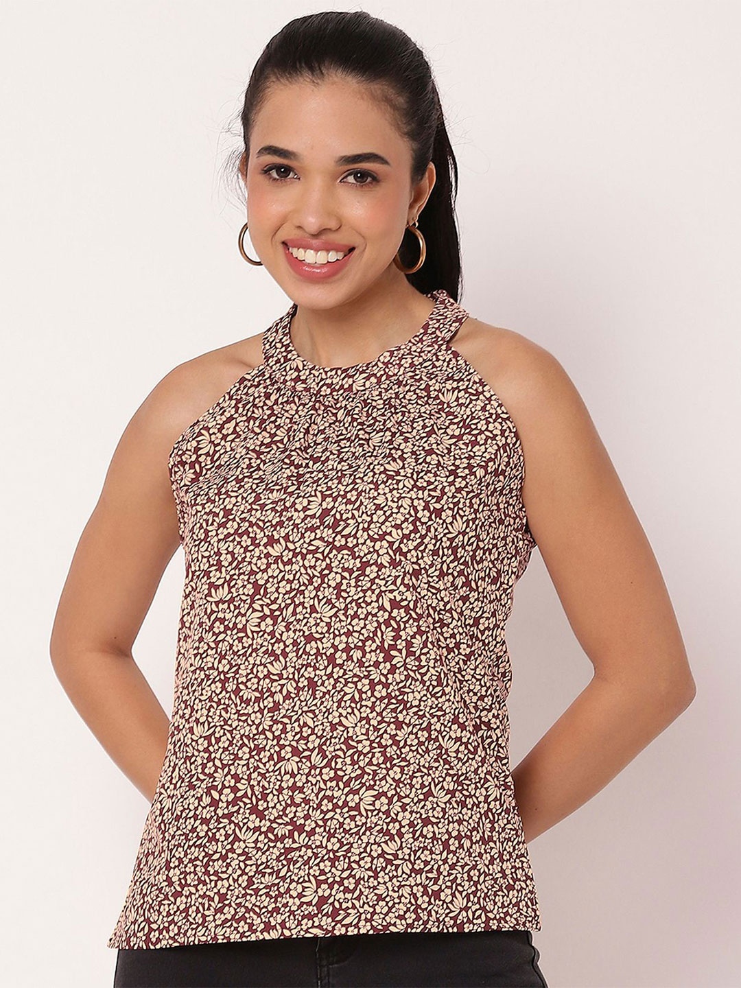 

Moomaya Floral Printed Halter Neck Top, Maroon