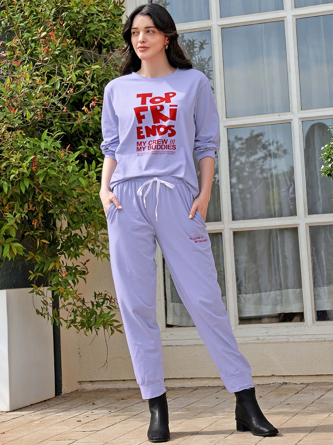 

Zeyo Printed Round Neck T-Shirt With Jogger, Lavender