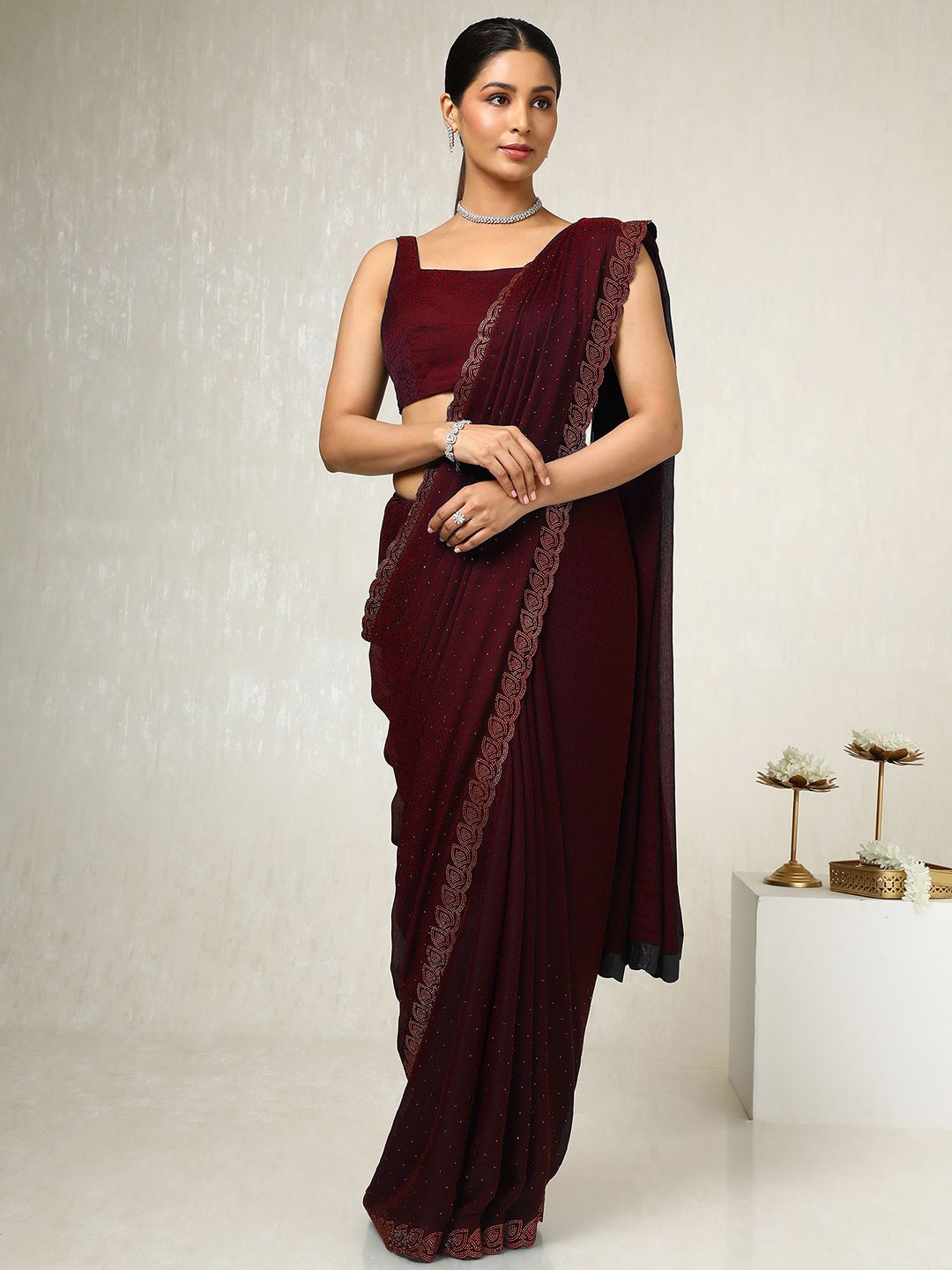 

Soch Embellished Beads and Stones Pure Chiffon Saree, Maroon