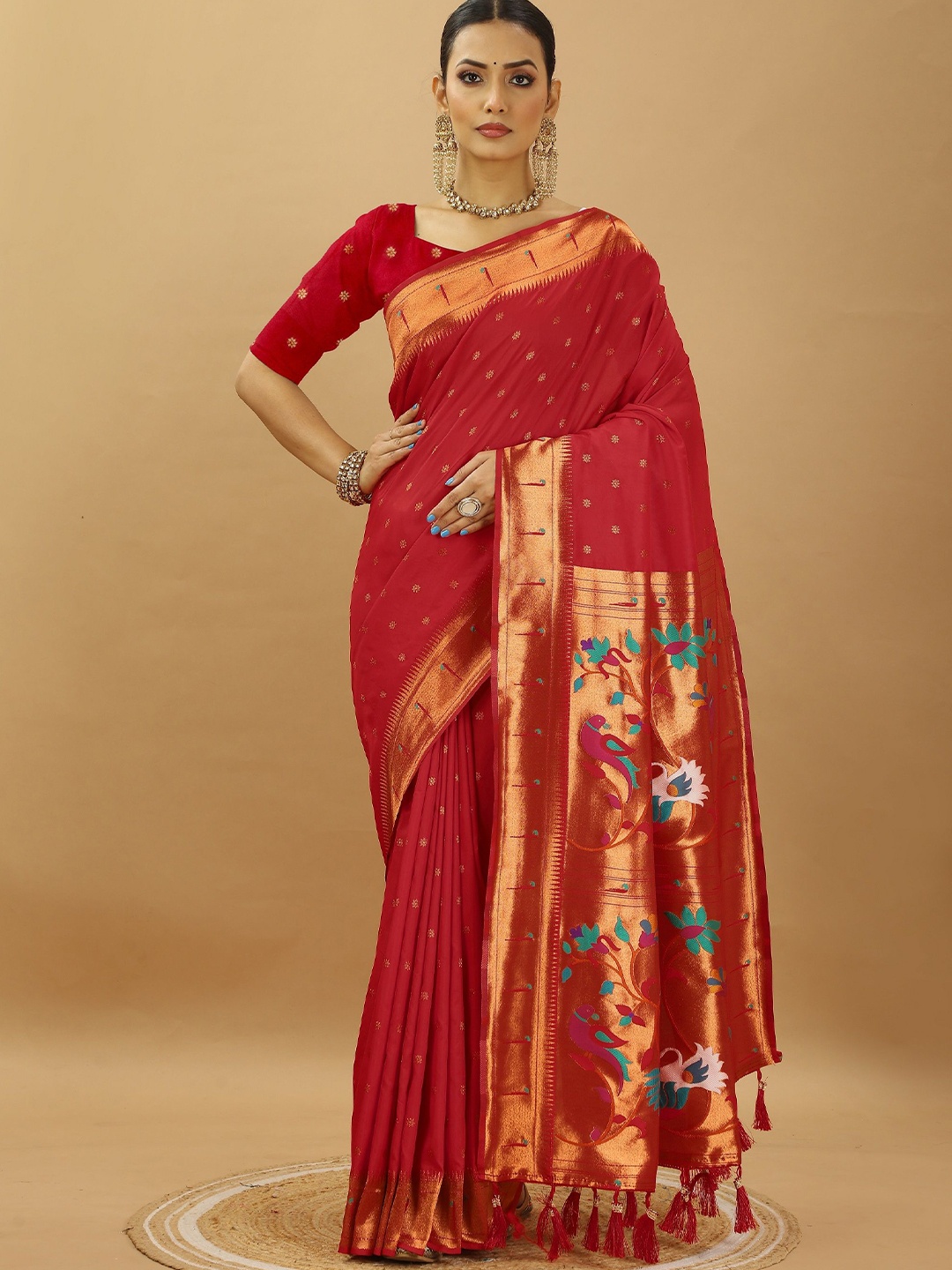 

SWAMI STUDIO Ethnic Motifs Woven Design Zari Pure Silk Paithani Saree, Red