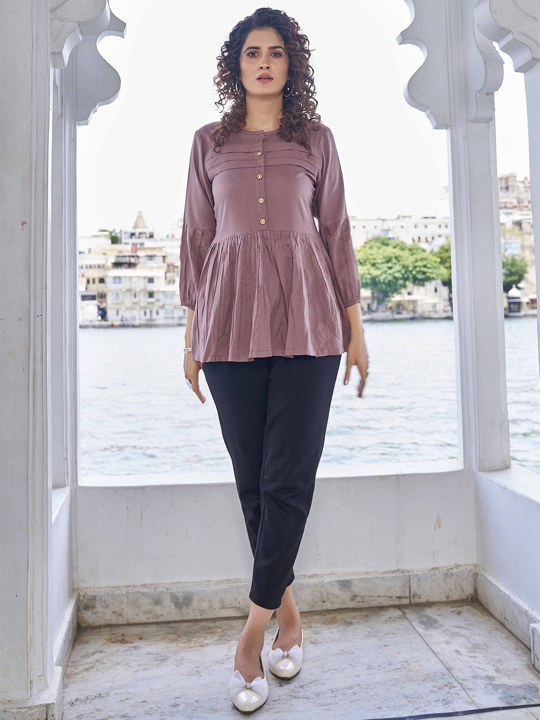

Krimmple Women Round Neck Pleated A-Line Top, Brown