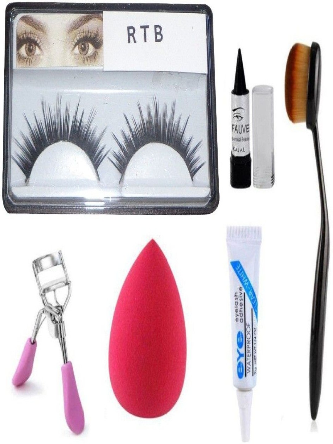 

Lenon Set Of 6 False Eyelash- Curler- Kajal- Sponge- Glue & Foundation Brush, Black