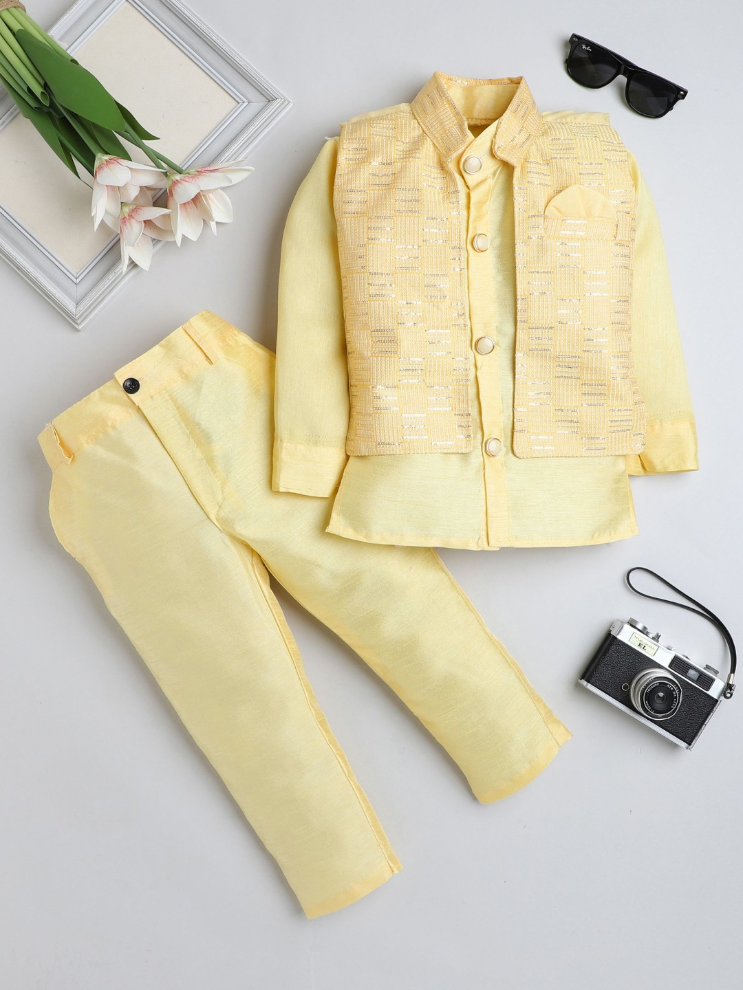 

FOURFOLDS Boys Band Collar Sequinned Kurta With Trousers And Nehru jacket, Yellow
