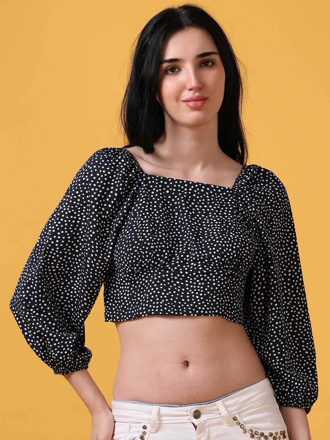 

Hassu's Women Polka Dot Printed Puff Sleeve Crepe Fitted Crop Top, Black