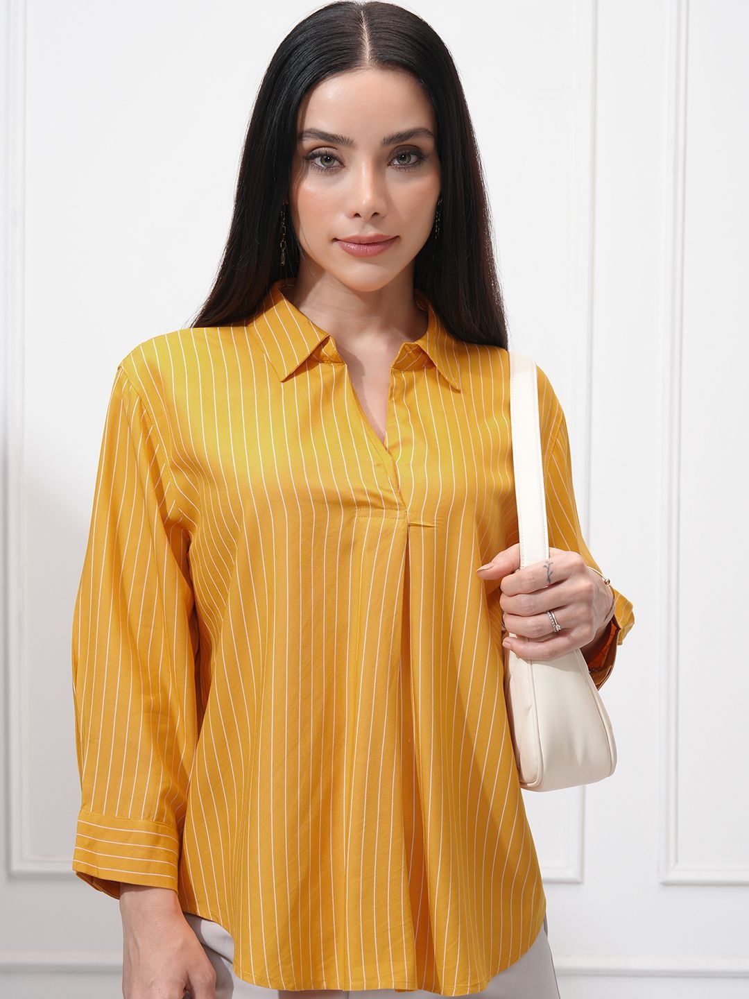 

Tokyo Talkies Women Striper Three Forth Sleeve Shirt, Yellow