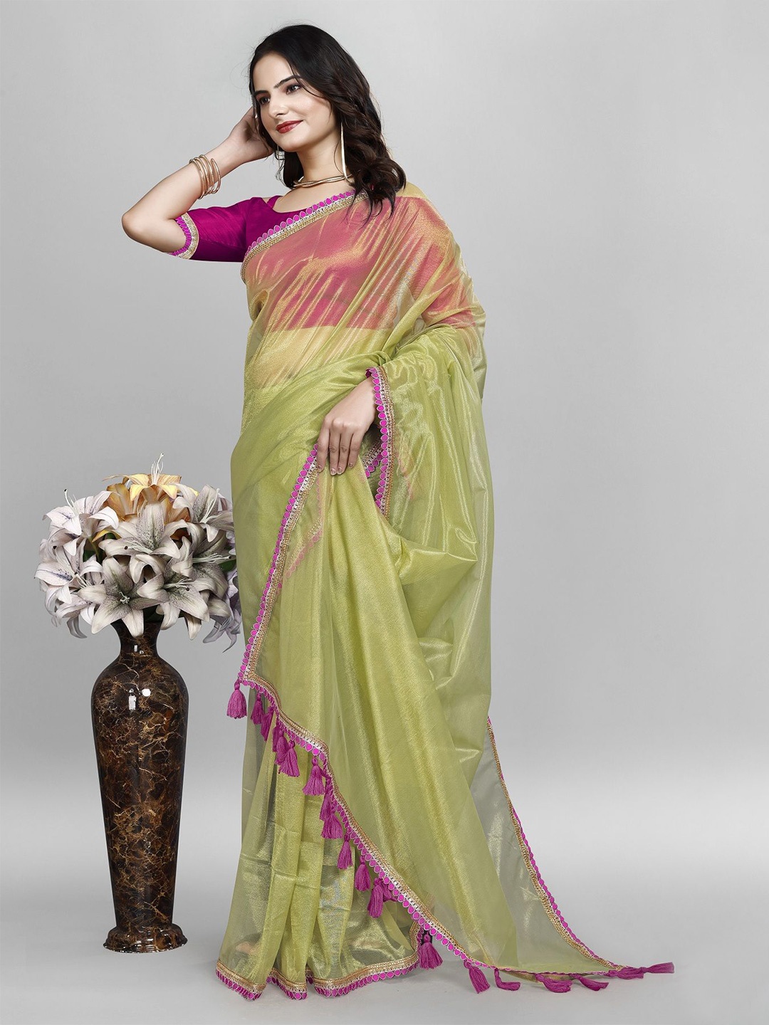 

Aika Ethnic Motifs Sequinned Net Saree, Olive