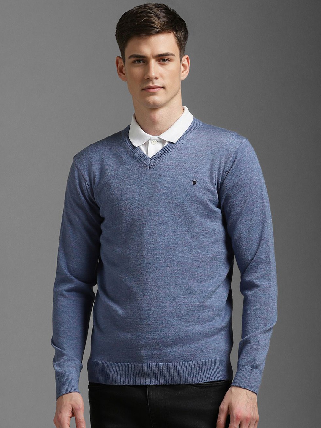 

Louis Philippe Men Pure Cotton V - Neck Pullover Sweater, Blue