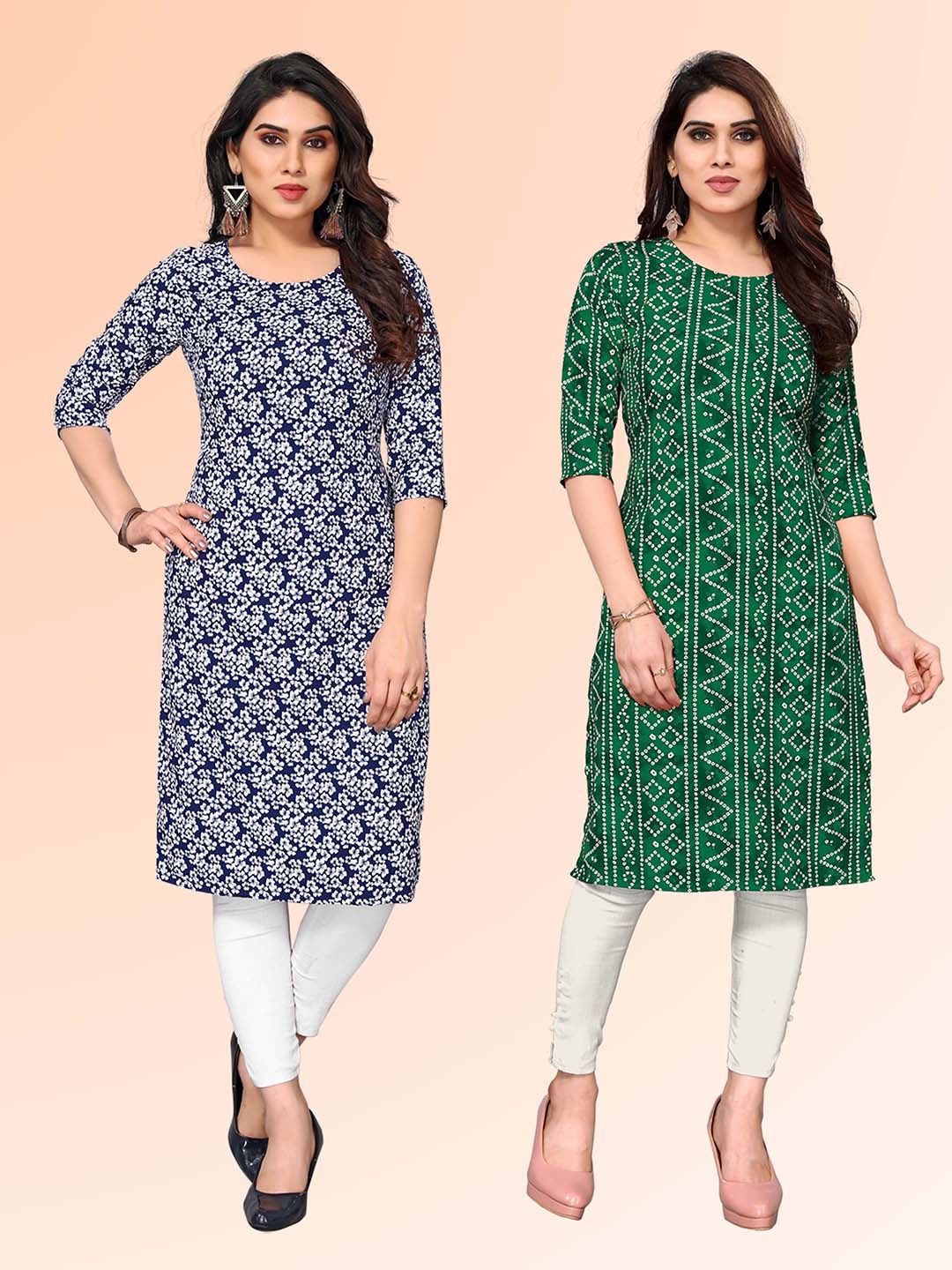 

KETAKI FASHION Selection Of 2 Floral Printed Round Neck Straight Kurtas, Blue