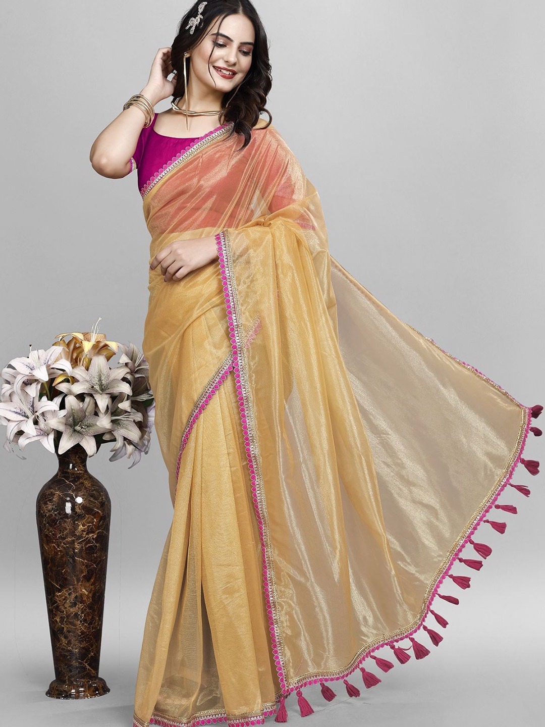 

LADY SHOPI Embroidered Net Saree, Gold