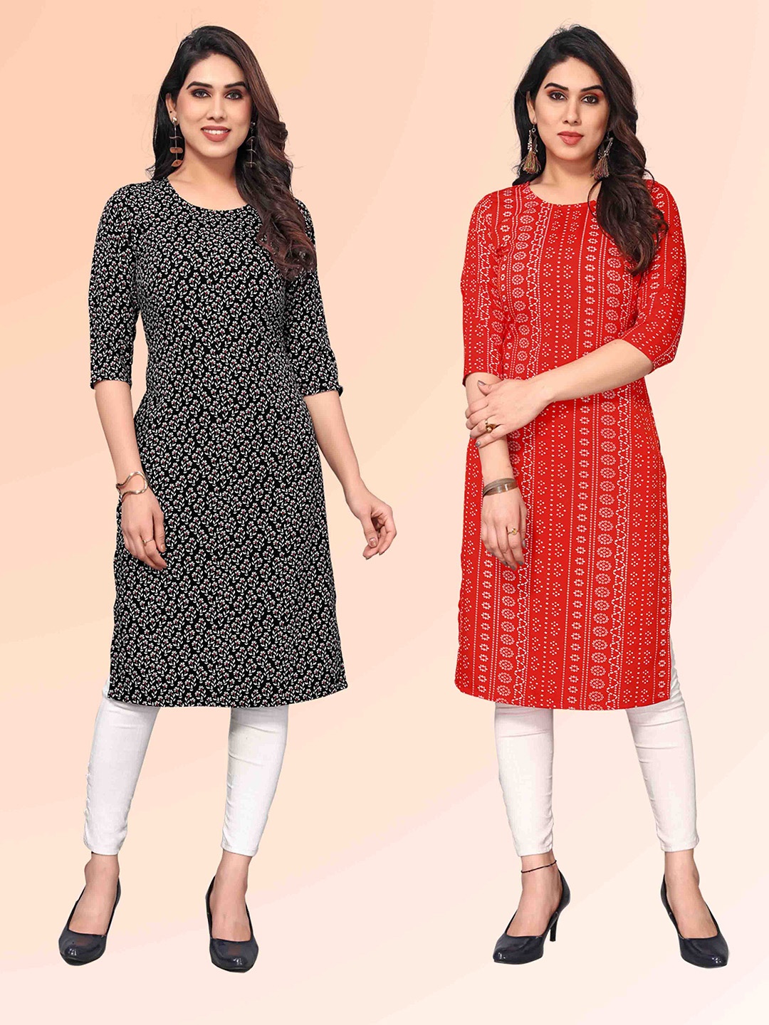 

KETAKI FASHION Selection Of 2 Floral Printed Round Neck Straight Kurtas, Black