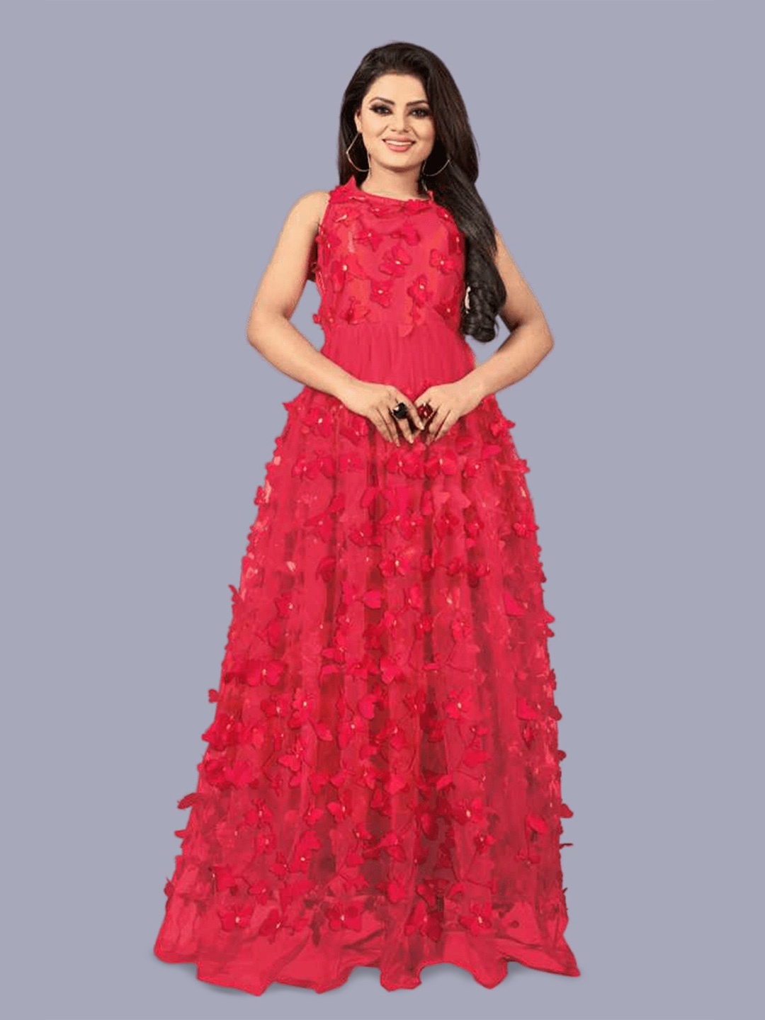 

A TO Z CART Women Applique Net Fit & Flare Maxi Dress, Red