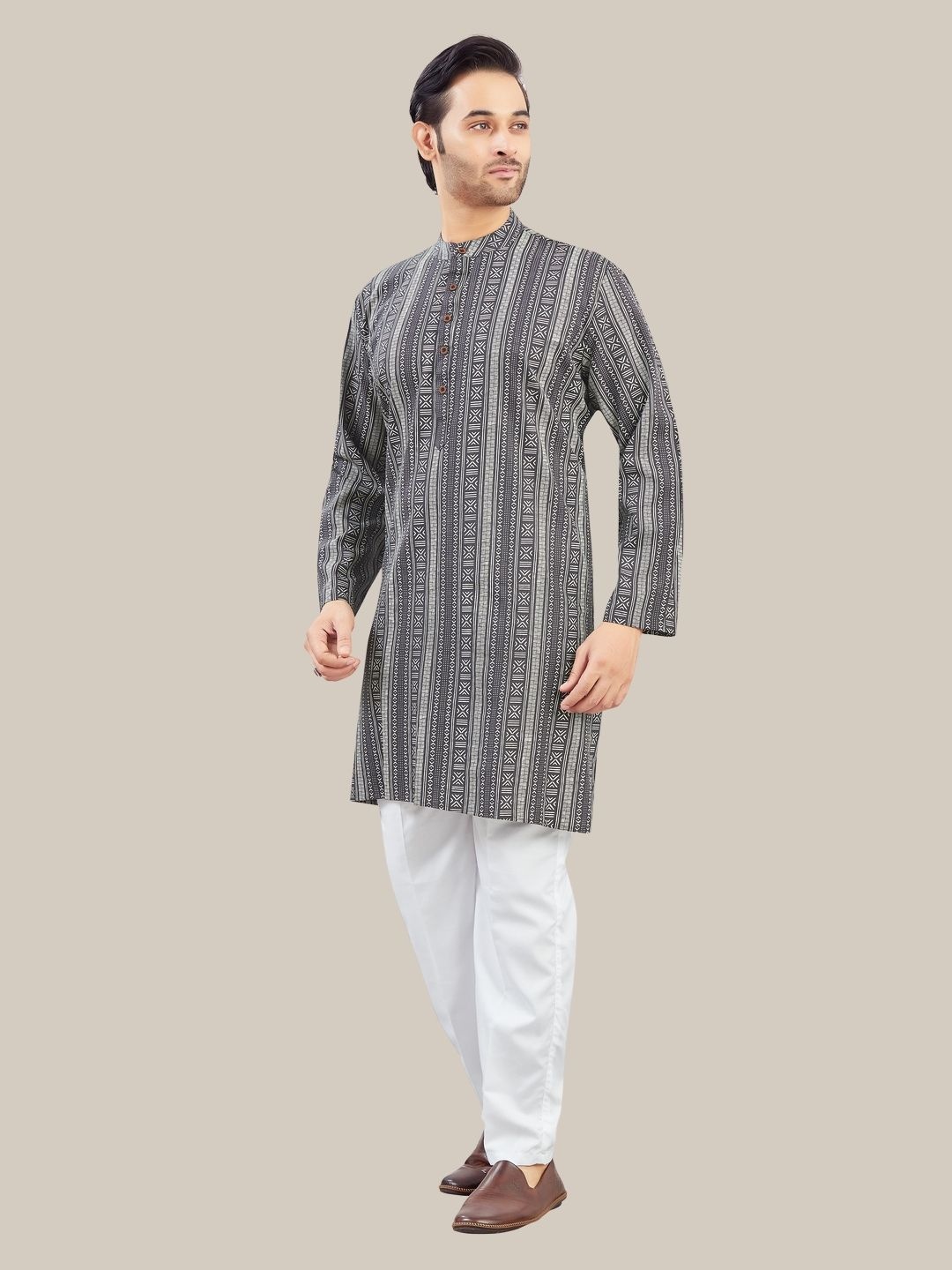 

Studio Shringaar Striped Band Collar Cotton Straight Kurta, Charcoal