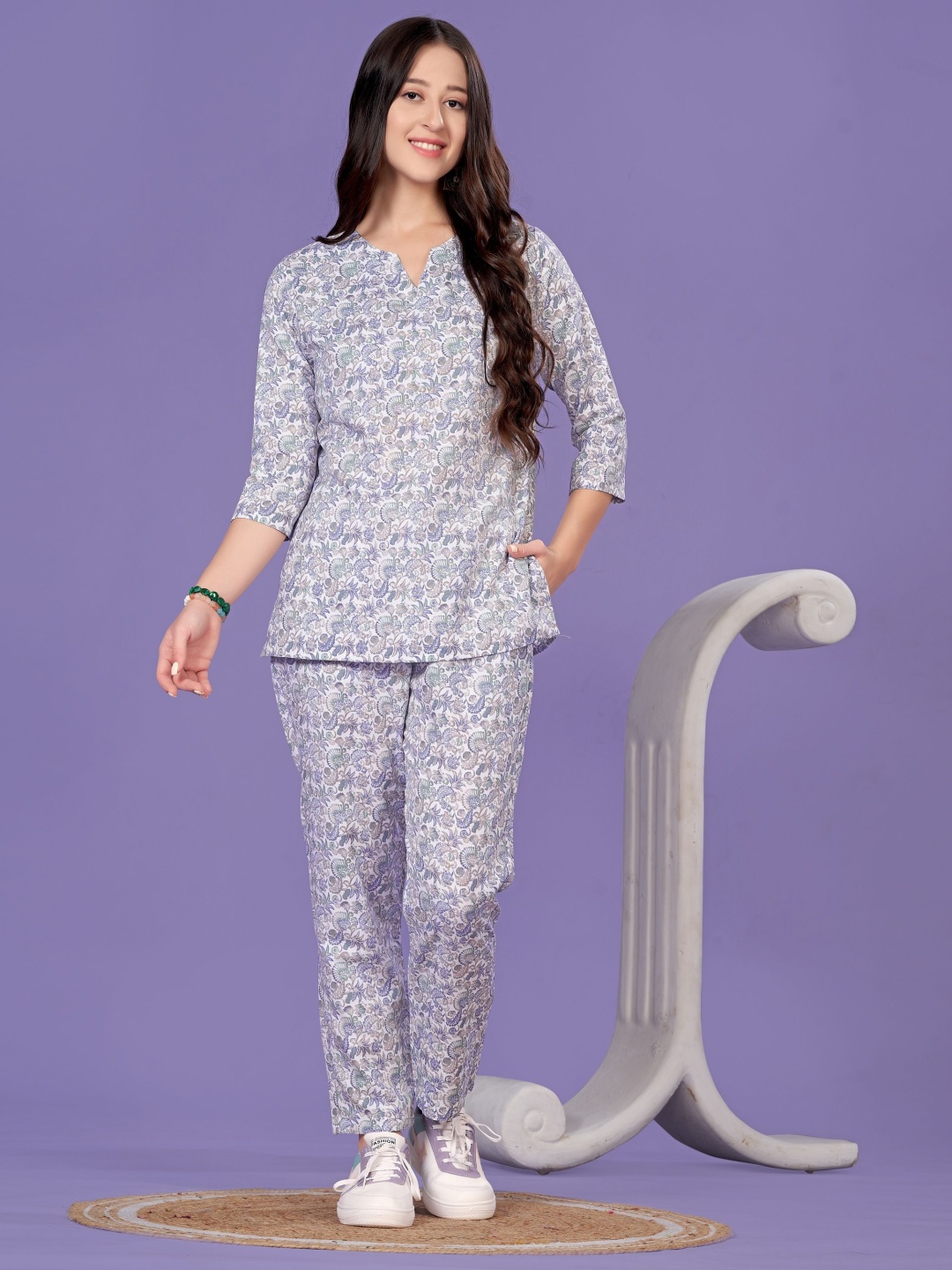 

Vegles Printed Round Neck Tunic With Trouser, Grey