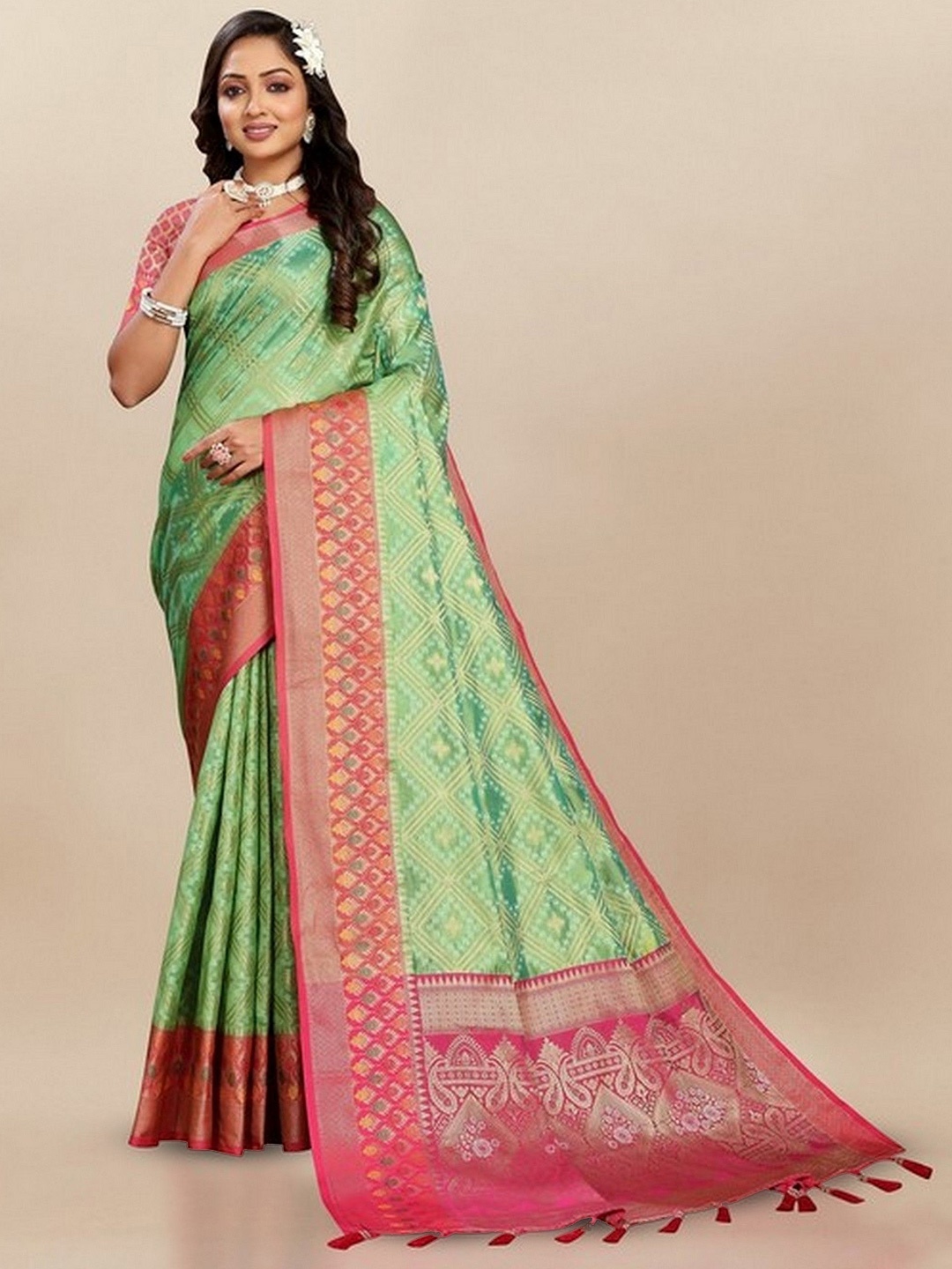 

VARNI FABRICS Woven Design Pure Silk Banarasi Saree, Green