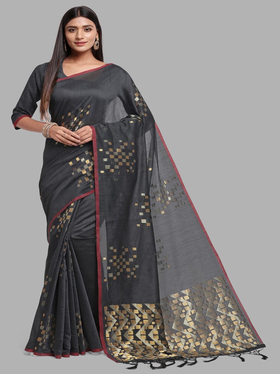 

Krimmple Zari Pure Linen Banarasi Saree, Grey
