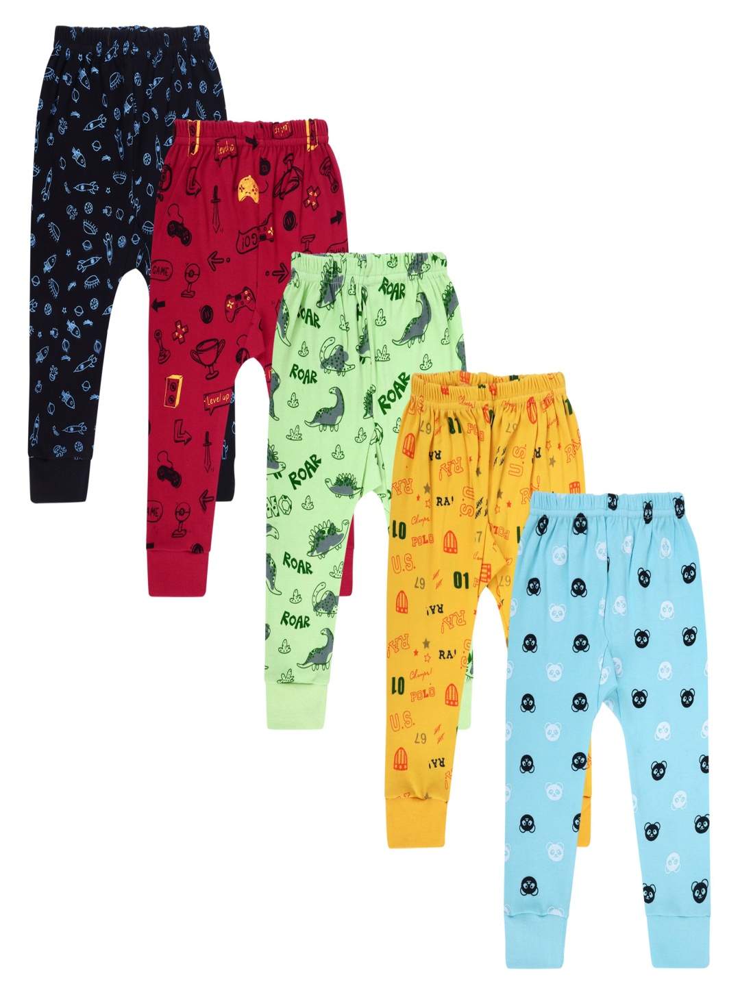 

VEKOTT Kids Pack Of 5 Printed Mid-Rise Cotton Joggers Track Pants, Black
