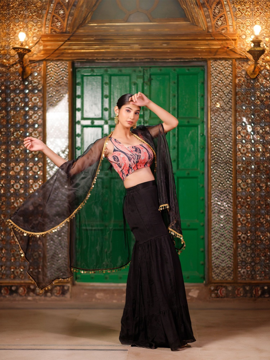 

Salvia Sky Paisley Printed Tube Top and Sharara Set with Embellished Cape, Black