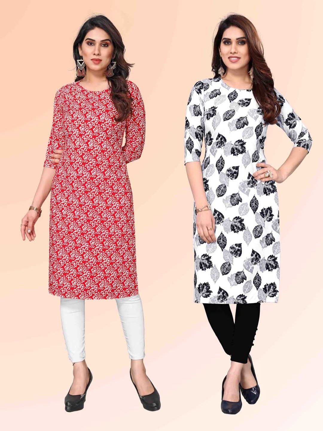 

KETAKI FASHION Selection Of 2 Floral Printed Round Neck Straight Kurtas, Red