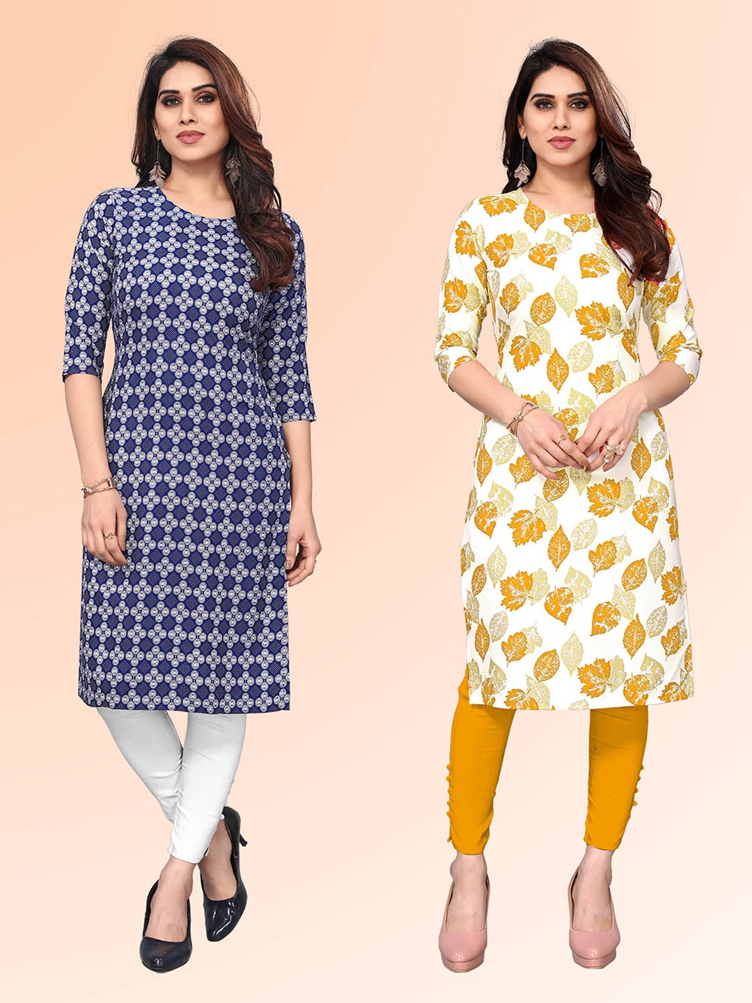 

KETAKI FASHION Selection Of 2 Ethnic Motifs Printed Round Neck Straight Kurtas, Blue