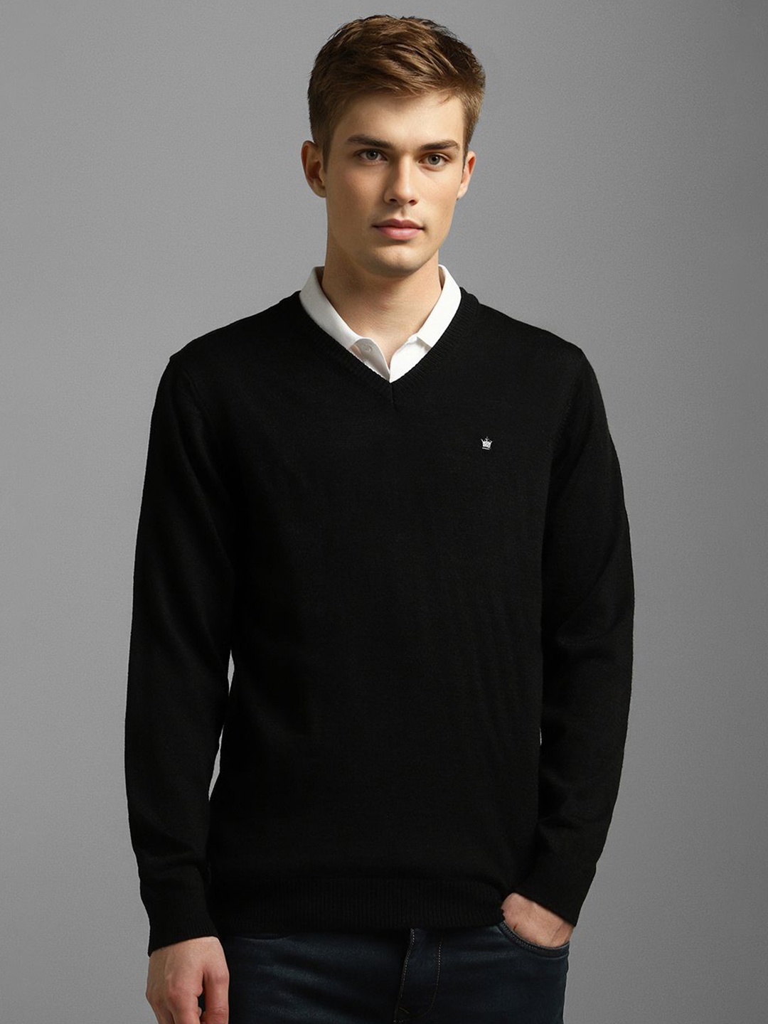 

Louis Philippe Men Cotton V-Neck Pullover, Black