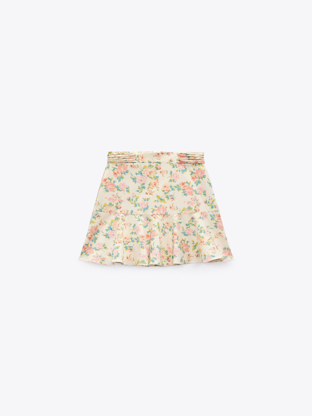 

ZARA Floral Printed Gathered Flared Mini Skirt, Beige