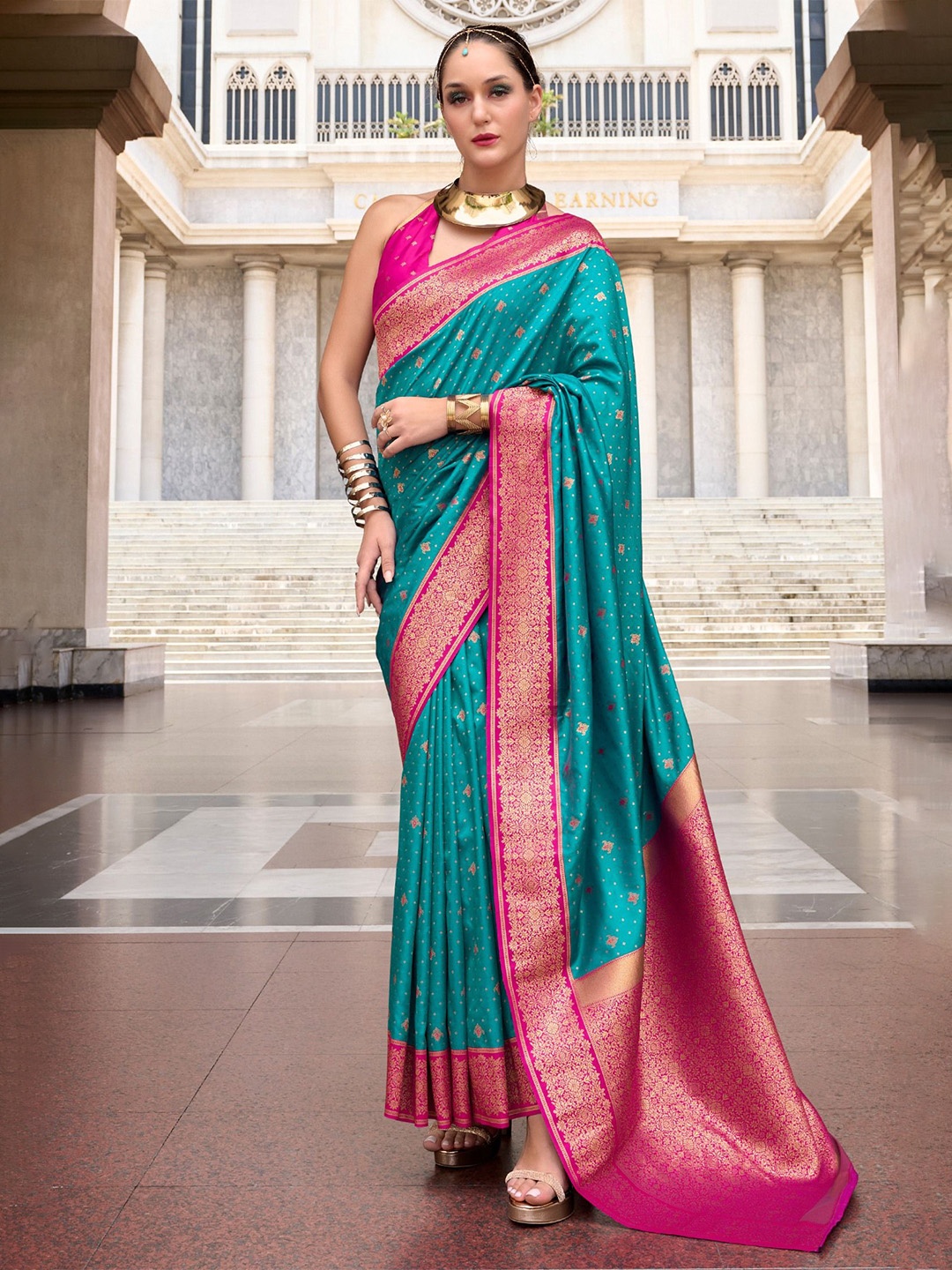 

MySilkLove Ethnic Motifs Woven Design Zari Banarasi Saree, Teal