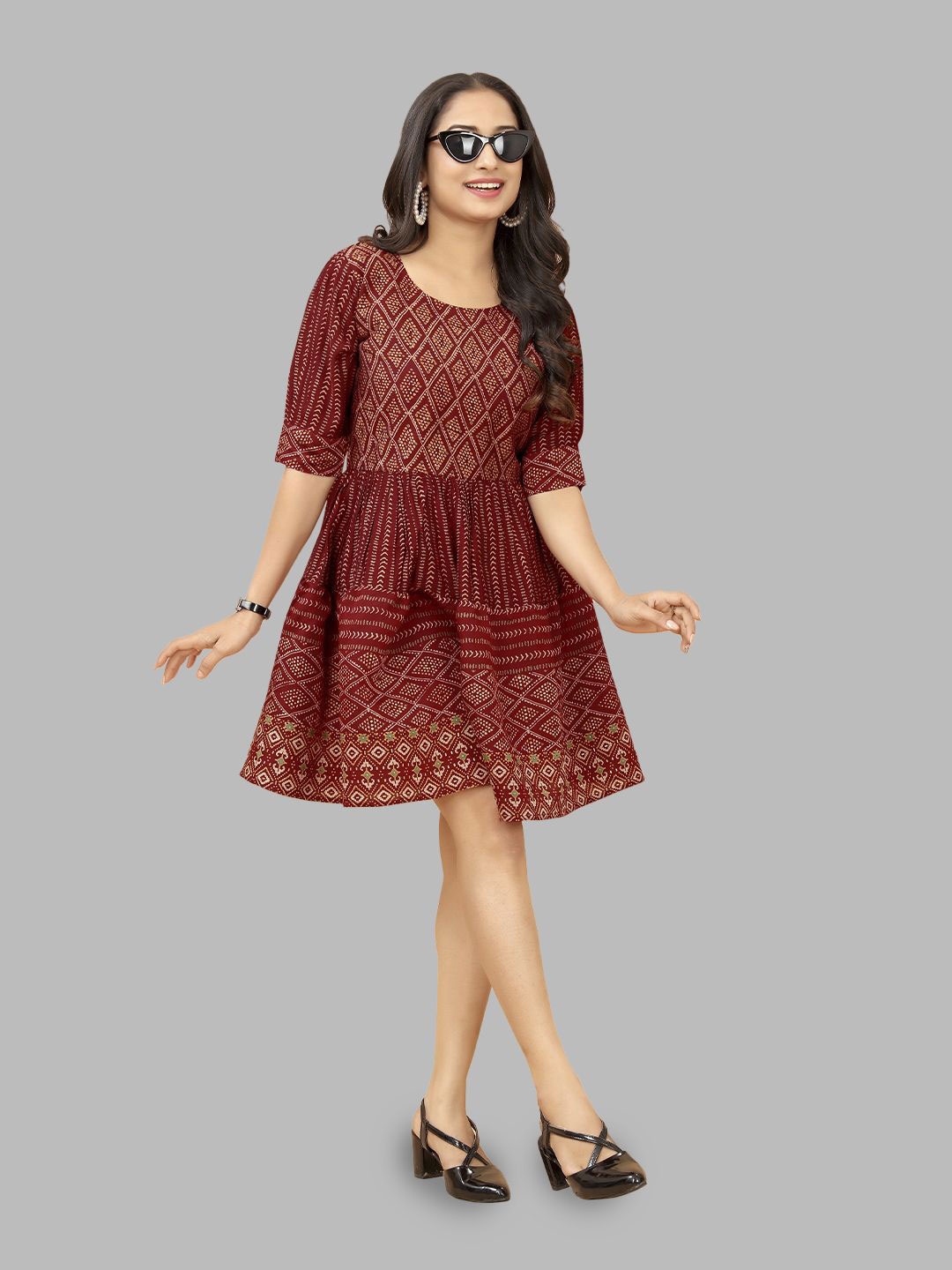 

Krimmple Ethnic Motifs Printed Cotton Fit and Flare Dress, Red