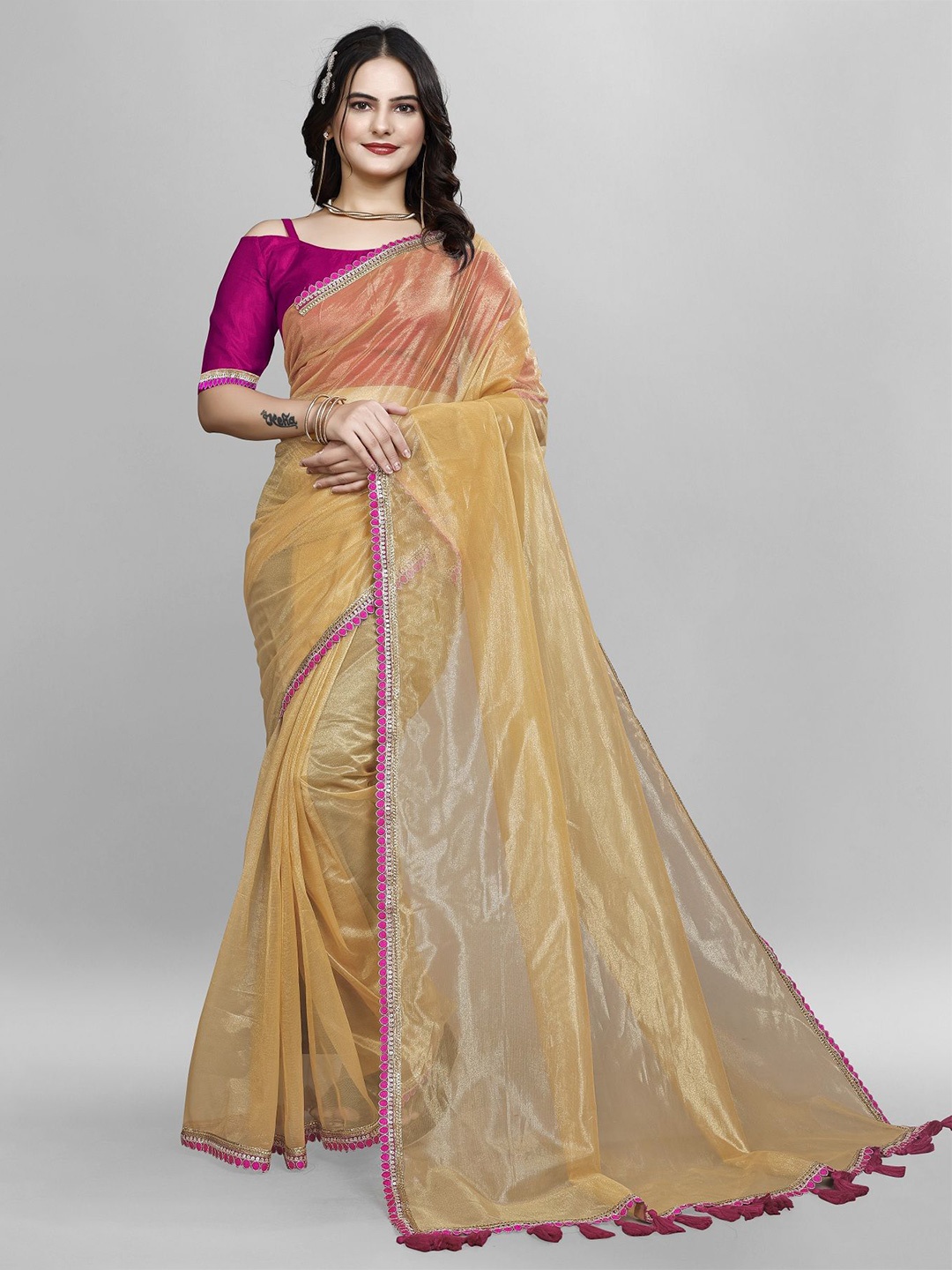 

APNISHA Net Lace Border Saree, Gold