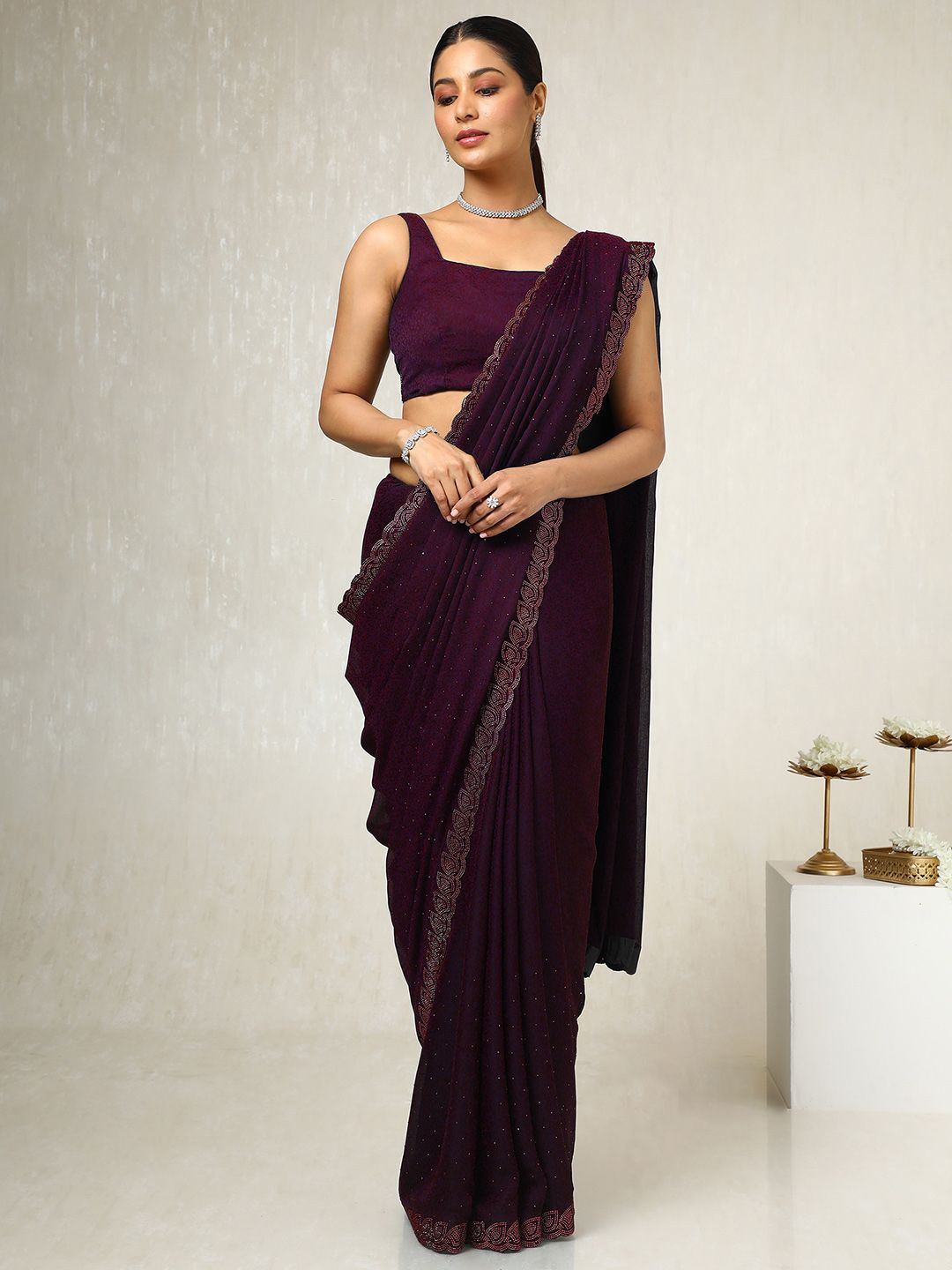 

Soch Embellished Beads and Stones Pure Chiffon Saree, Purple