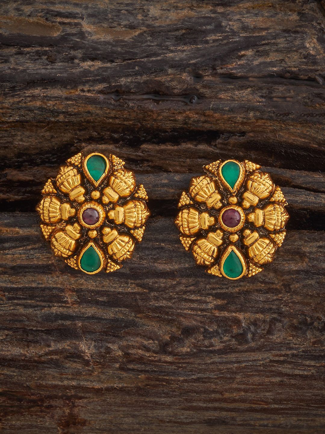 

Kushal's Fashion Jewellery 92.5 Sterling Silver Ruby-Green Gold-Plated Oval Temple Studs, Red