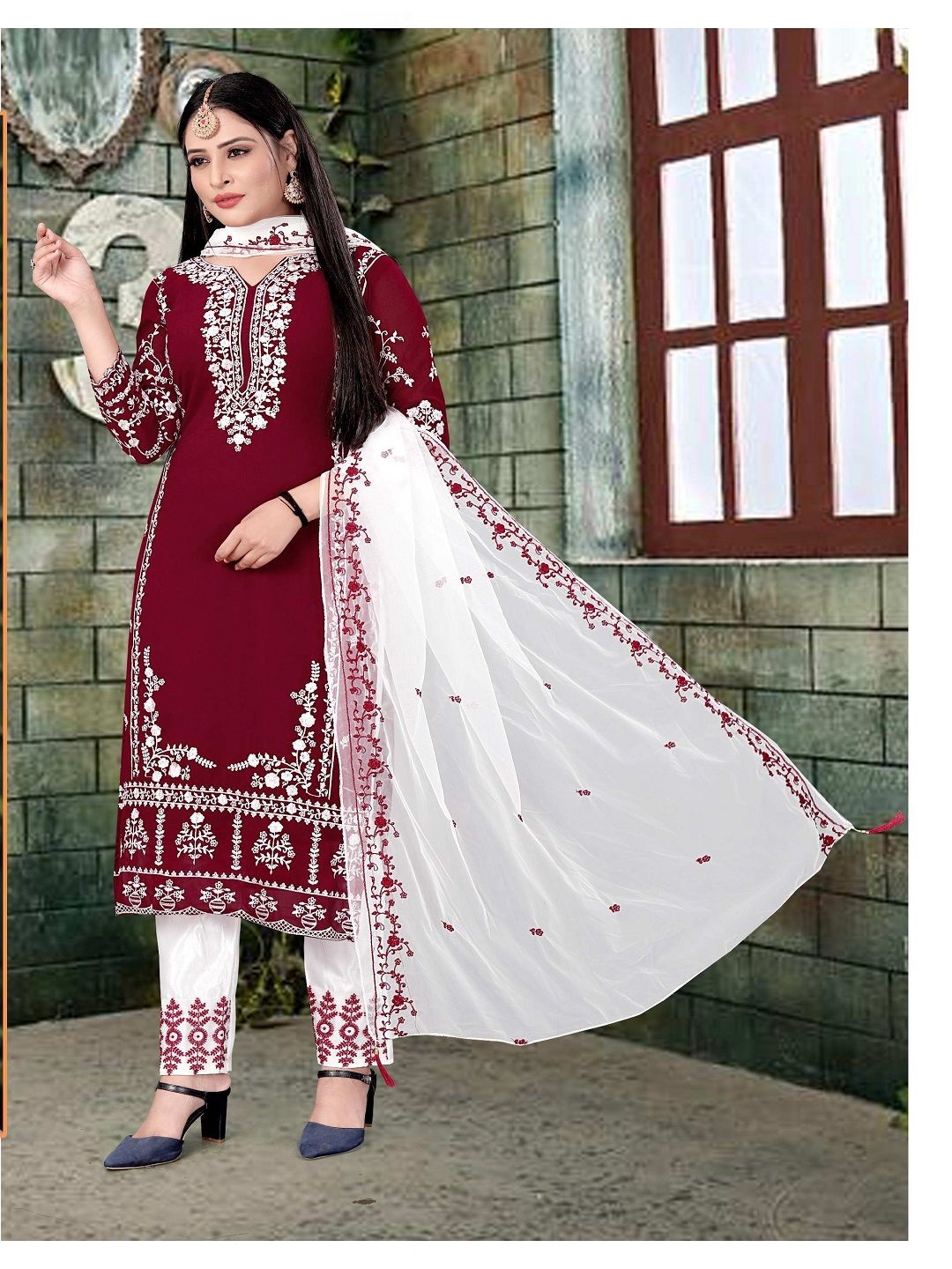 

ZONFAB Embroidered Semi-Stitched Dress Material, Maroon