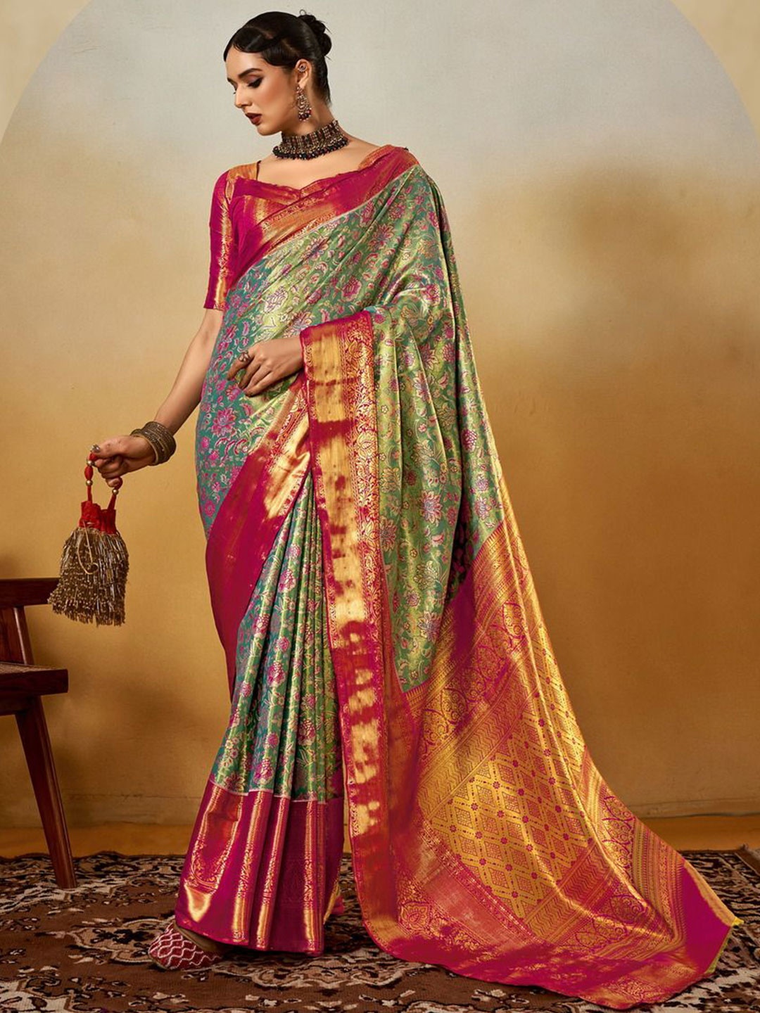 

Anouk Women Floral Woven Design Zari Banarasi Saree, Green