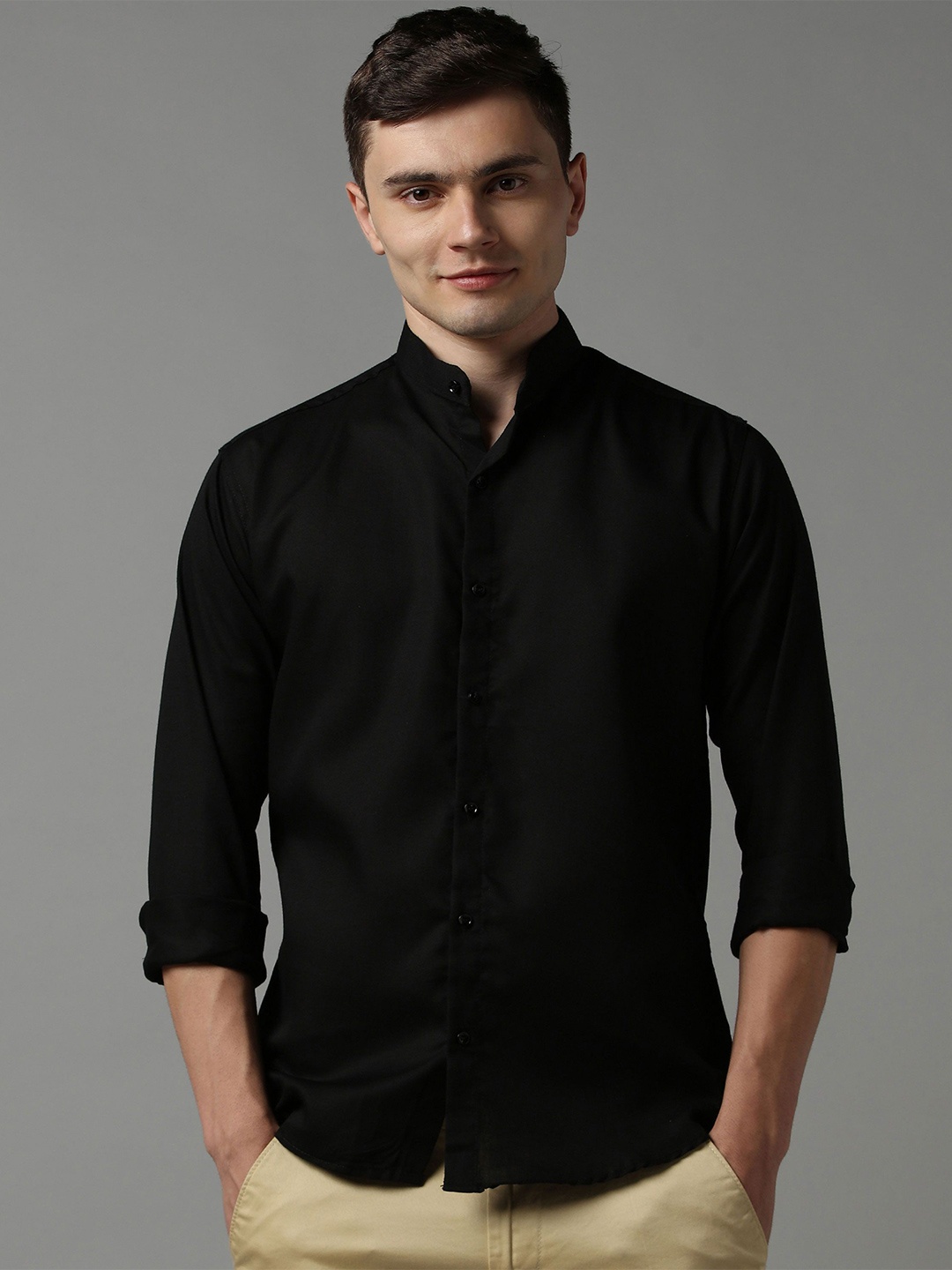 

WOXEN Men Original Fit Mandarin Collar Solid Cotton Casual Shirt, Black