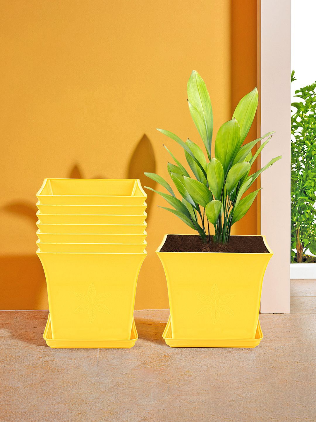 

Kuber Industries 8 Pieces Yellow Premium Flower Pots for Garden with Bottom Plates