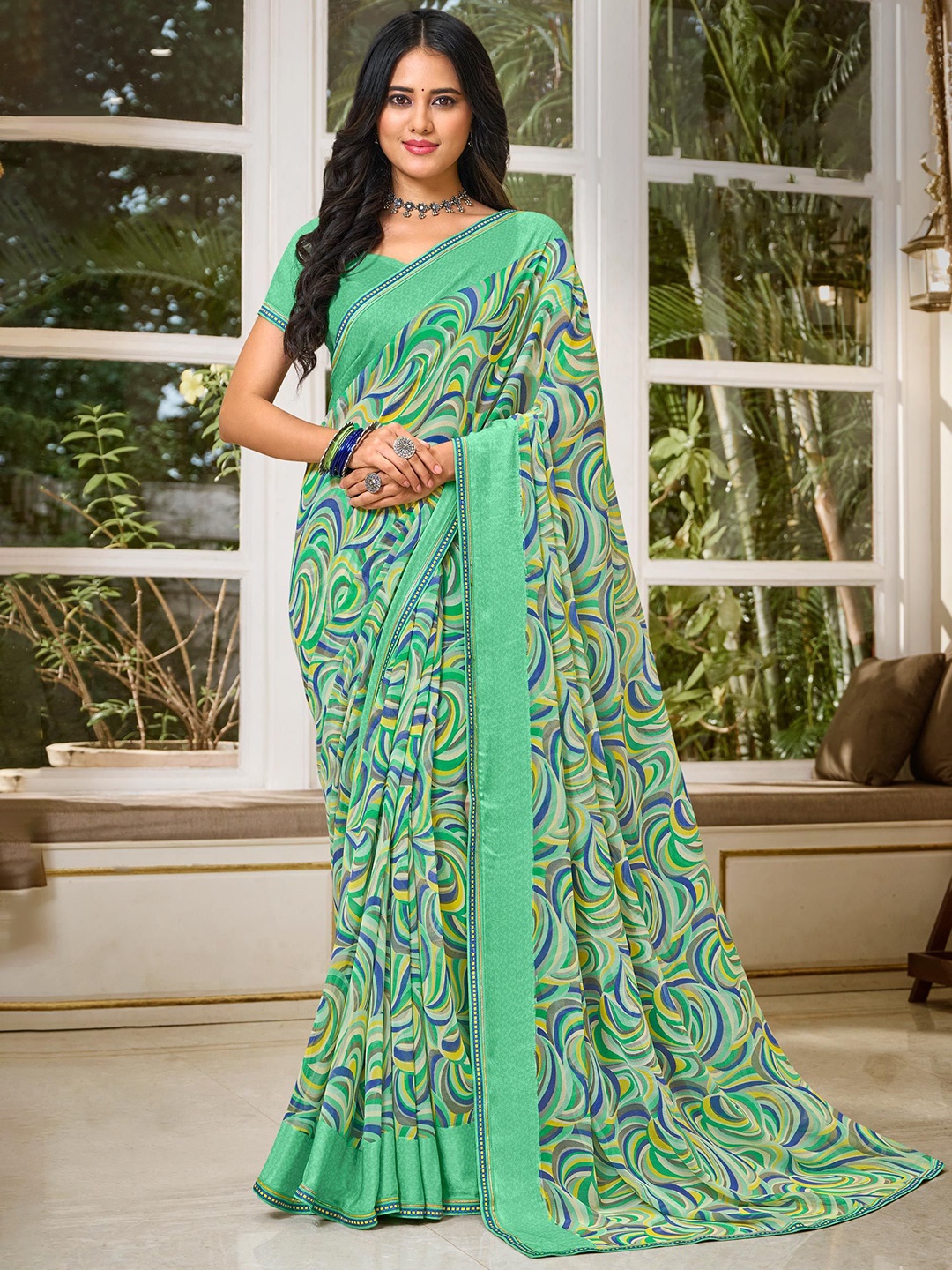 

Laxmipati Abstract Printed Embroidered Saree, Green