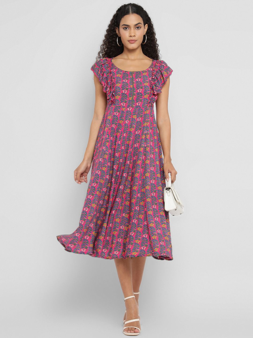 

Porsorte Floral Printed Flutter Sleeve Fit & Flare Dress, Pink