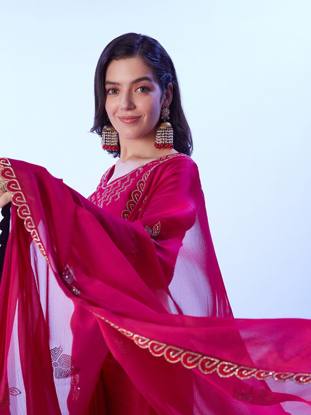 

Kalista Embellished Beads and Stones Satin Saree, Red