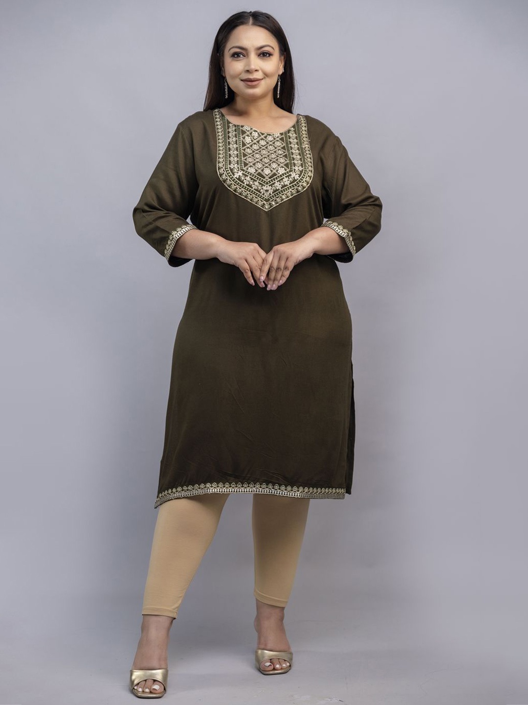 

Fashion Zest Women Plus Size Ethnic Motifs Yoke Design Thread Work Kurta, Olive